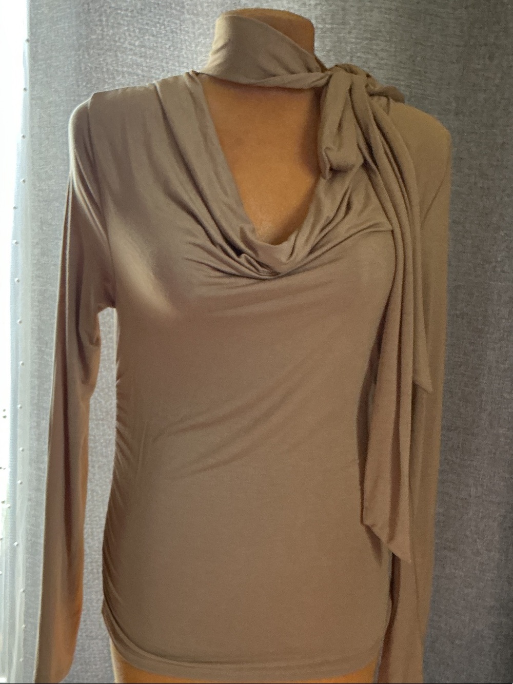 H&M Taupe-Brown Long Sleeve Cowl Neck Top with Side Tie